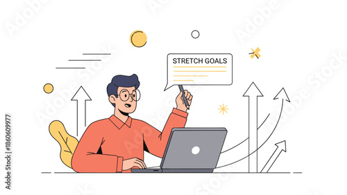 Young caucasian male discussing stretch goals with laptop and rising arrows in background