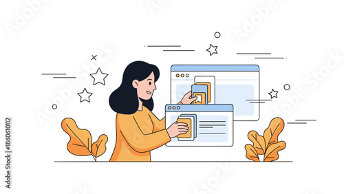 Asian female adult using digital interfaces with web browser elements