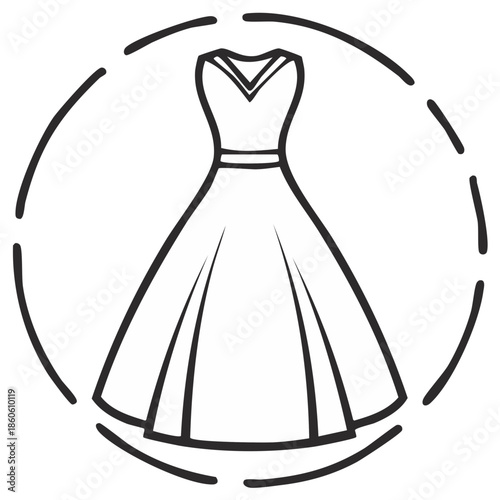 Minimalist line drawing of a formal gown with a full skirt and V-neck bodice inside a circular dashed outline