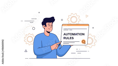 Young asian male with automation rules sign and gears concept