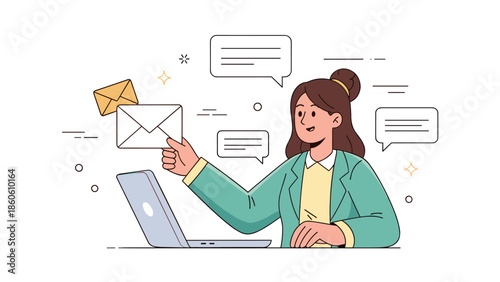 Young caucasian female sending emails on laptop with speech and mail bubbles