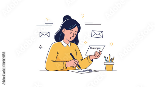Caucasian female writing thank you card at desk with envelopes and pencils