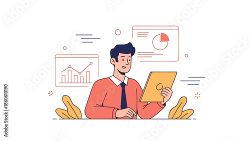 Young caucasian male analyzing data on tablet in office with graphs and charts