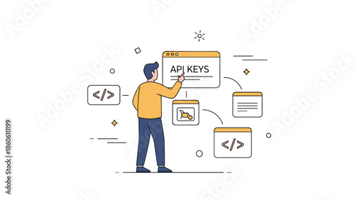 Young male analyzing api keys and code interface for software development