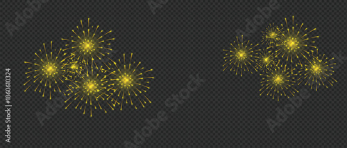 Golden glowing starburst light effects and bright gold sparkling firework bursts