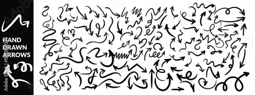 Various black brush drawn curved arrows. Collection doodle marker thick arrows in different directions. Grunge rough direction shape for design. Vector brush strokes, Red pencil arrow doodles. arrow 