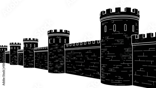 A detailed illustration of a medieval castle wall with multiple towers
