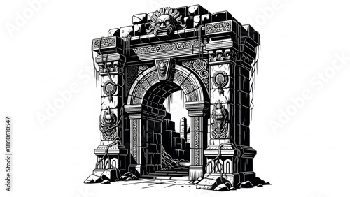 Ancient stone archway with intricate carvings and details on isolated