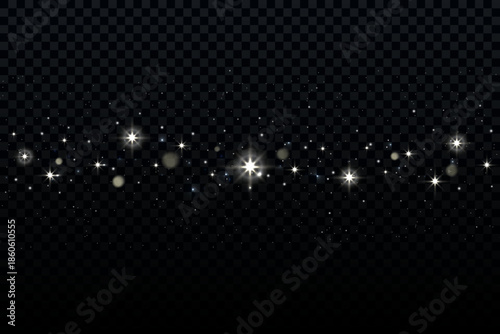 Night sky background with golden stars. Dark magic transparent gradient space with shiny glitter. Cosmic abstract Christmas backdrop with magic glow. Vector illustration