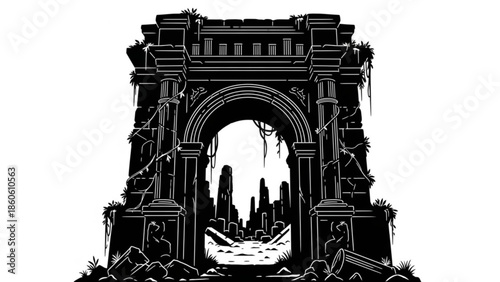 A black and white illustration of an ancient archway with a cityscape in the background