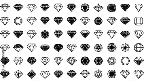 Collection of various black and white diamond shapes and designs arranged neatly
