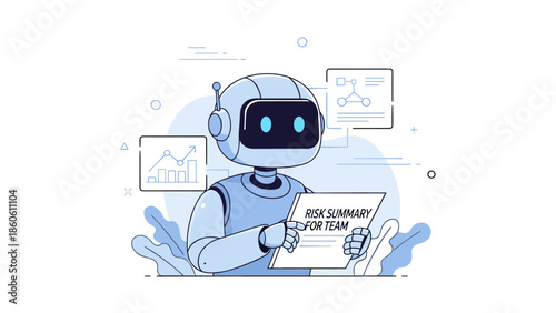 Cartoon robot analyzing risk summary with digital graphics