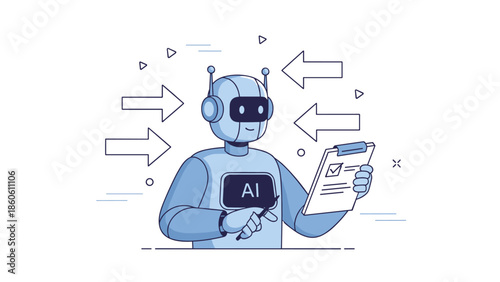 Friendly ai robot analyzing data with checklist and pen