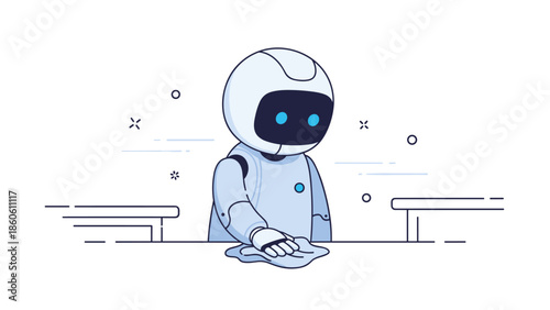 Cute robot cleaning a table in minimalistic style