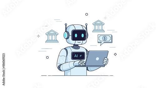 Ai robot managing online banking and finance with laptop and money icon