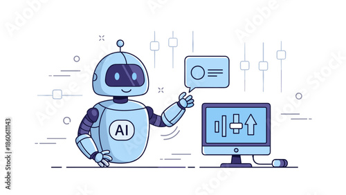 Friendly blue ai robot analyzing data on computer display with graphs