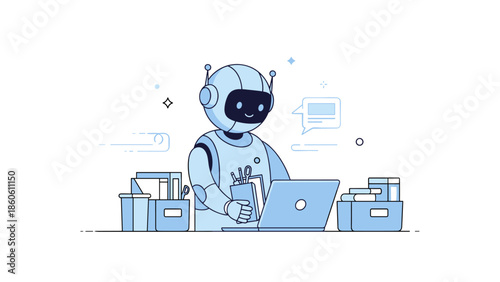 Friendly robot working on laptop amid office supplies for efficient task management