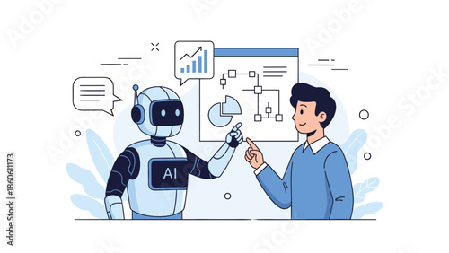 Ai robot interacting with young caucasian male analyzing data charts