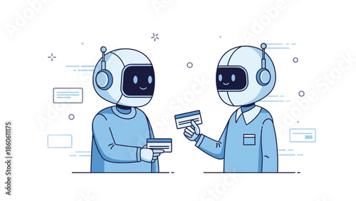 Cartoon robots engaging in credit card transaction in futuristic setting