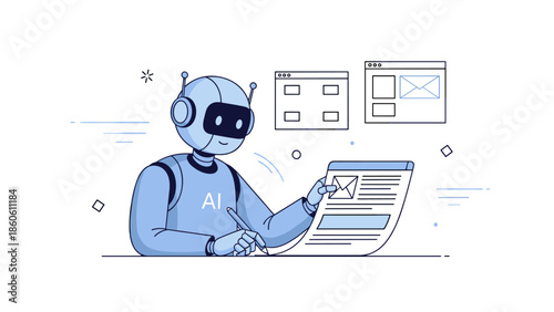 Illustration of ai robot engaged in writing and analyzing digital content