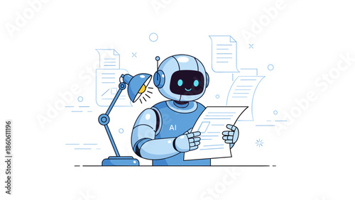 Friendly ai robot reading documents in futuristic workspace