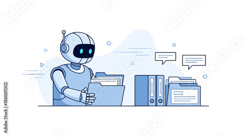 Friendly robot organizing documents in office setting with speech bubbles and files