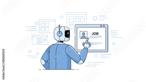 Ai robot analyzing online job listings on computer screen