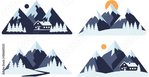 Stylized mountain landscape with cabins sun and snow scenes in vector design
