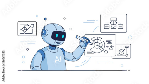 Ai robot analyzing data with pen in futuristic technology interface