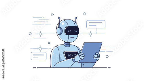 Humanoid robot with tablet in futuristic setting