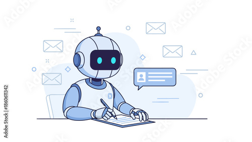 Cartoon robot writing with pen amidst digital communication icons