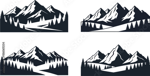 Four black and white mountain range illustrations with trees and paths