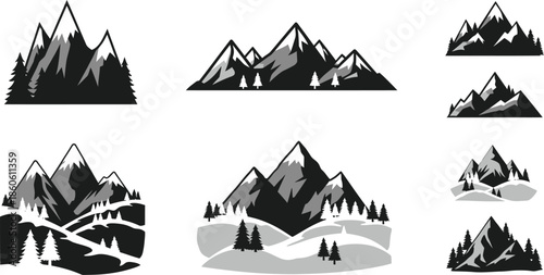 Stylized mountain range illustrations in black and white depicting scenic landscapes