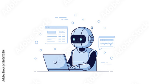 Futuristic robot using laptop amidst data displays in modern tech environment