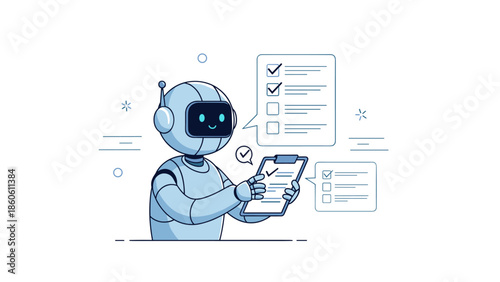 Cute robot analyzing a checklist with a smile