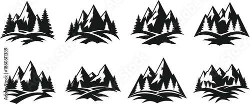 Black and white mountain range silhouettes with evergreen trees arranged in a grid