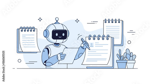 Friendly robot taking notes with pen among spiral notebooks and plant