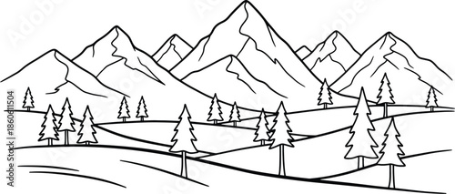 A simple line drawing of majestic mountains and evergreen trees