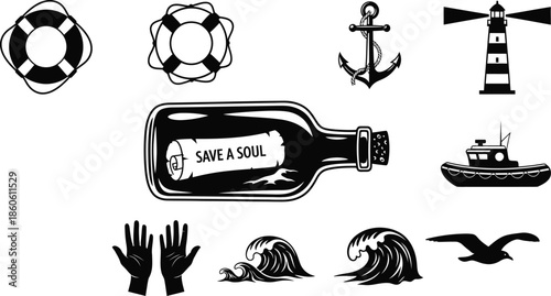 Nautical themed illustrations life preserver anchor bottle wave and other symbols