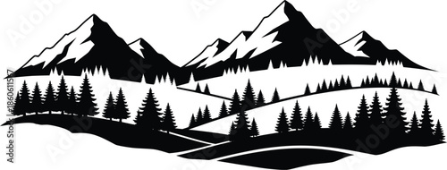 A striking black and white illustration of a mountain range and forest scene