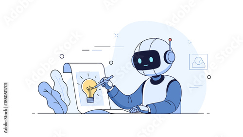 Friendly robot illustrates bright idea on paper