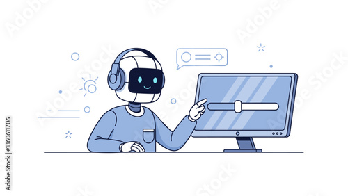 Cute robot operator wearing headphones interacting with computer interface