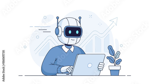 Robot working on laptop with graphs and plant in minimalist workspace