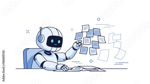 Friendly robot organizing floating documents in futuristic workspace