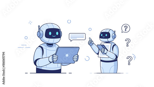 Two friendly robots collaborating with tablets in a technological setting