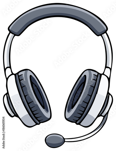 Cartoon style grey gaming headset with a microphone illustration