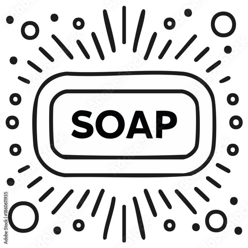 Simple Black and White Bar of Soap Icon with Bubbles and Sparkles
