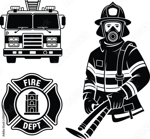 firefighter character holding an axe and shield, designed as a simple vector icon illustration