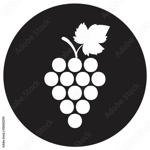Simple white grape bunch icon with leaf on black circle background stylized graphic
