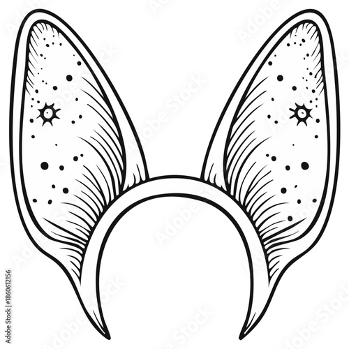 Line art illustration of bunny ears headband with starry details, black and white